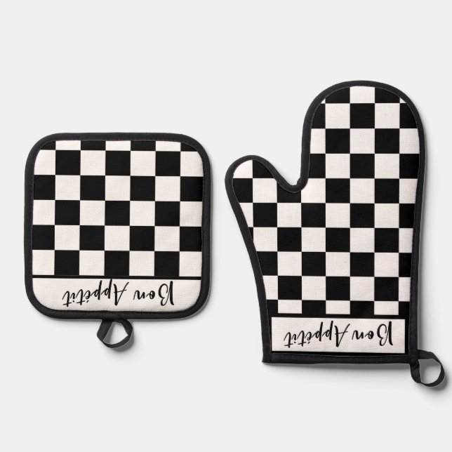 Black & White Checkerboard  Oven Mitt & Pot Holder Set (Front)