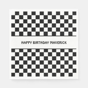 Black White Checkerboard Pattern Birthday Napkins