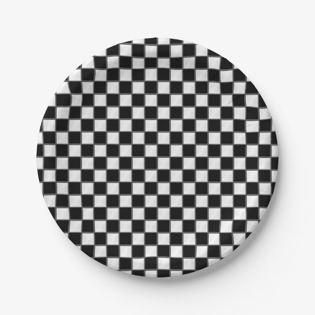 Black & White Checkerboard Pattern Paper Plates (Front)