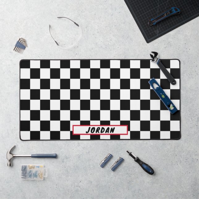 Black White Checkerboard Pattern Personalized Desk Mat (Workstation)