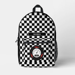 Black White Checkerboard Pattern Race Car Track Printed Backpack