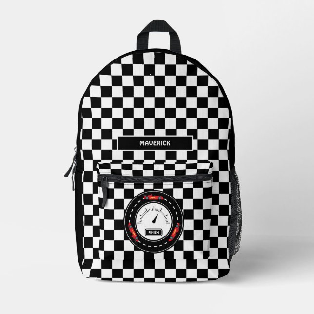 Black White Checkerboard Pattern Race Car Track Printed Backpack (Front)