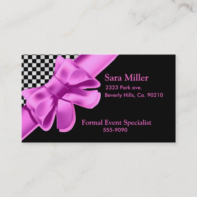 Black & White Checkerboard Pink Bow Set Business Card (Front)