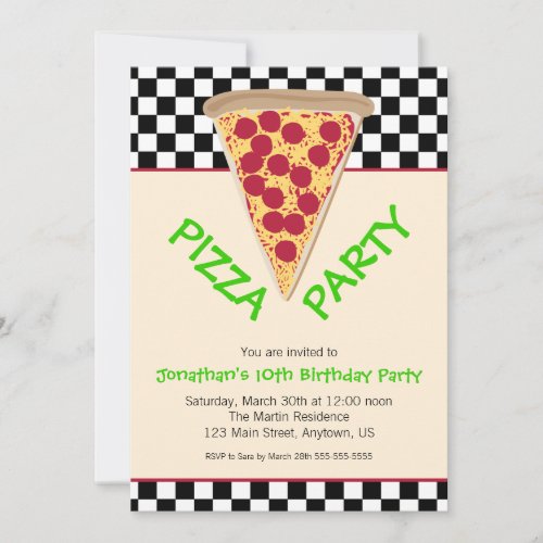 Black  White Checkerboard Pizza Party Invitation