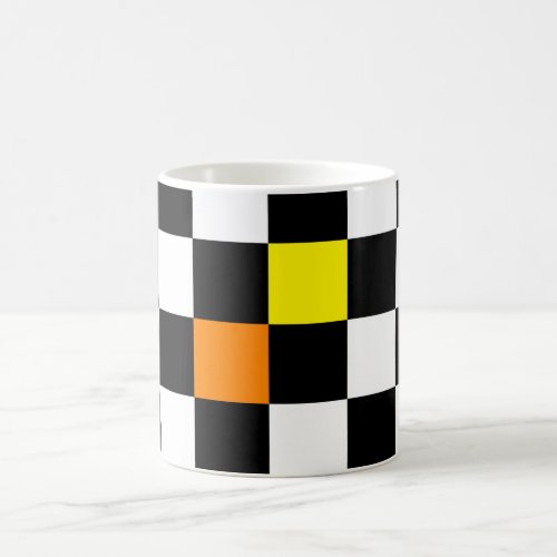 Black White Checkerboard with Yellow Orange Color Coffee Mug