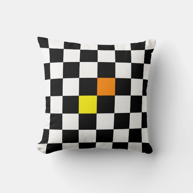 Black, White Checkerboard with Yellow Orange Color Throw Pillow (Front)