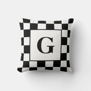 Black White Checkered Border Pattern with Monogram Throw Pillow