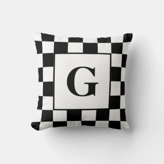 Black White Checkered Border Pattern with Monogram Throw Pillow