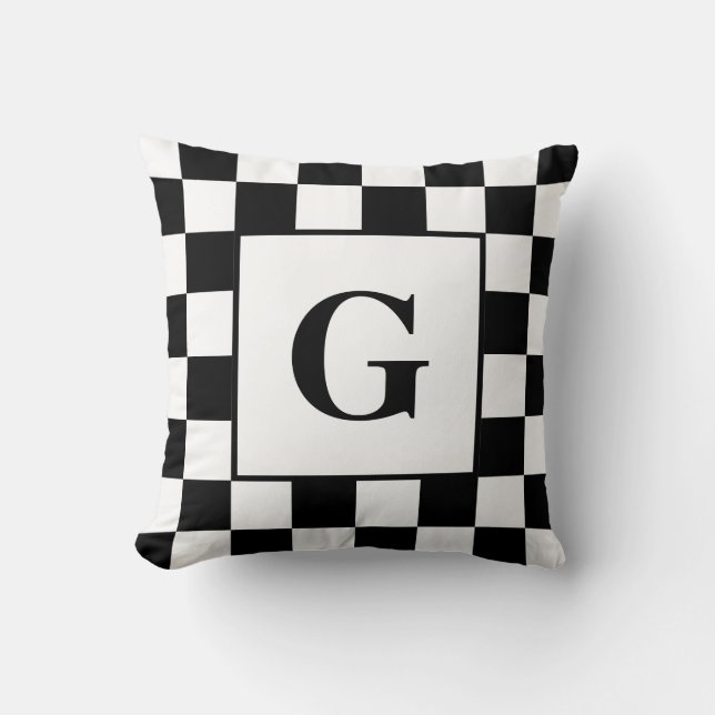 Black White Checkered Border Pattern with Monogram Throw Pillow (Front)
