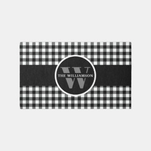 Black White Checkered Buffalo Plaid Monogrammed Rug