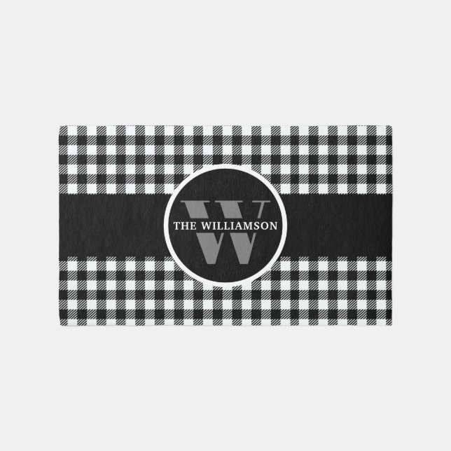 Black White Checkered Buffalo Plaid Monogrammed Rug (Front)