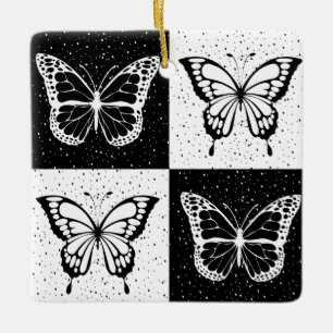 Black White Checkered Butterfly Design Ceramic Ornament
