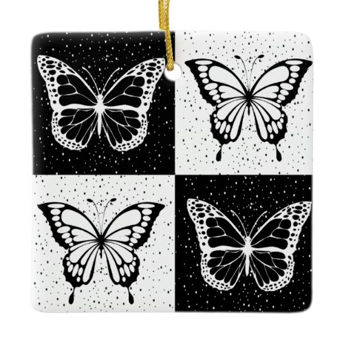 Black White Checkered Butterfly Design  Ceramic Ornament