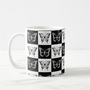 Black White Checkered Butterfly Design Coffee Mug