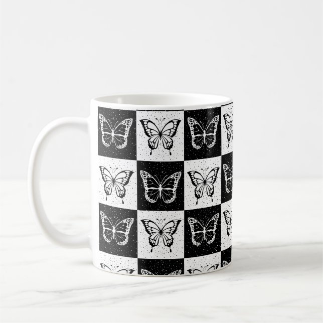 Black White Checkered Butterfly Design  Coffee Mug (Left)