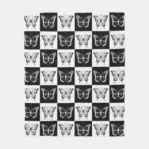 Black White Checkered Butterfly Design Fleece Blanket