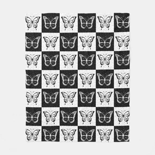 Black White Checkered Butterfly Design  Fleece Blanket (Front)