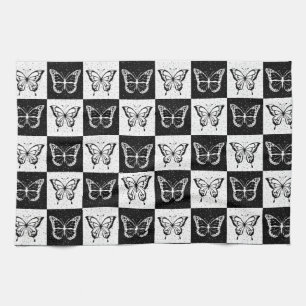 Black White Checkered Butterfly Design Kitchen Towel