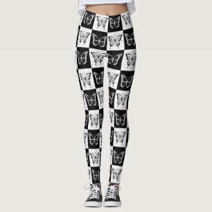 Black White Checkered Butterfly Design Leggings