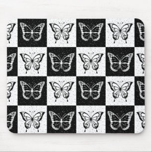 Black White Checkered Butterfly Design Mouse Pad
