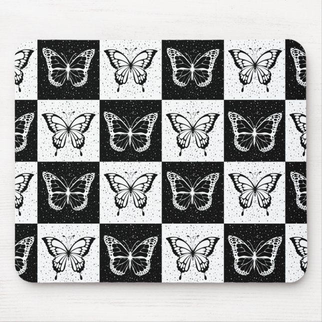 Black White Checkered Butterfly Design  Mouse Pad (Front)
