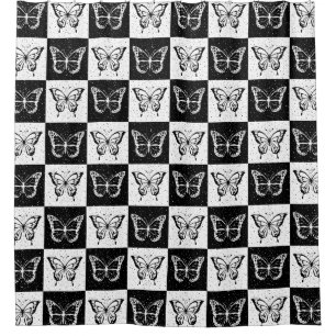 Black White Checkered Butterfly Design Shower Curtain