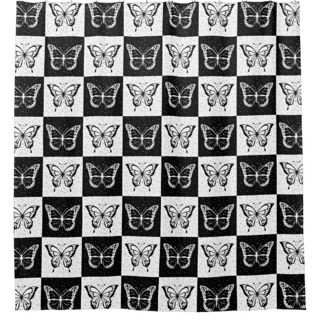 Black White Checkered Butterfly Design  Shower Curtain (Front)
