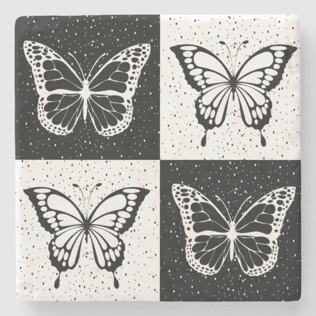 Black White Checkered Butterfly Design  Stone Coaster (Front)