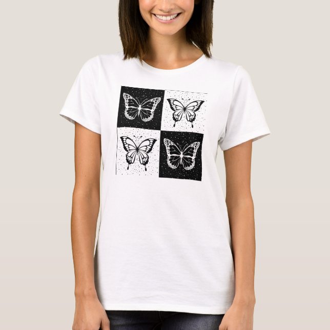Black White Checkered Butterfly Design  T-Shirt (Front)