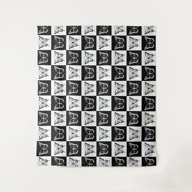 Black White Checkered Butterfly Design  Tapestry (Front)