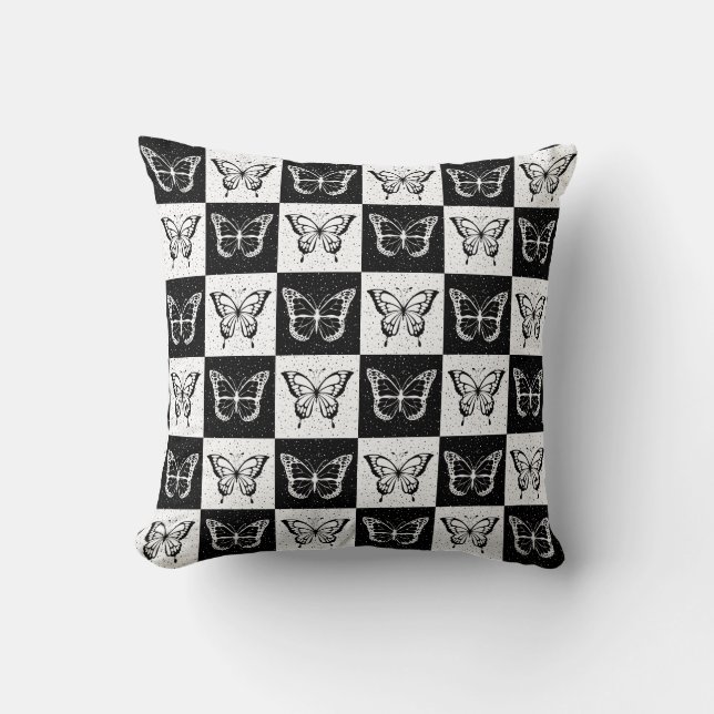 Black White Checkered Butterfly Design  Throw Pillow (Front)