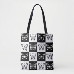 Black White Checkered Butterfly Design  Tote Bag