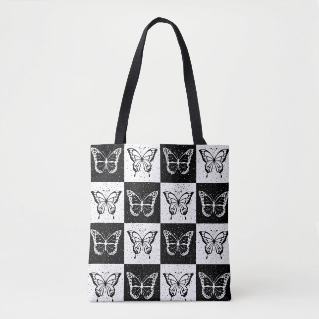 Black White Checkered Butterfly Design  Tote Bag (Front)