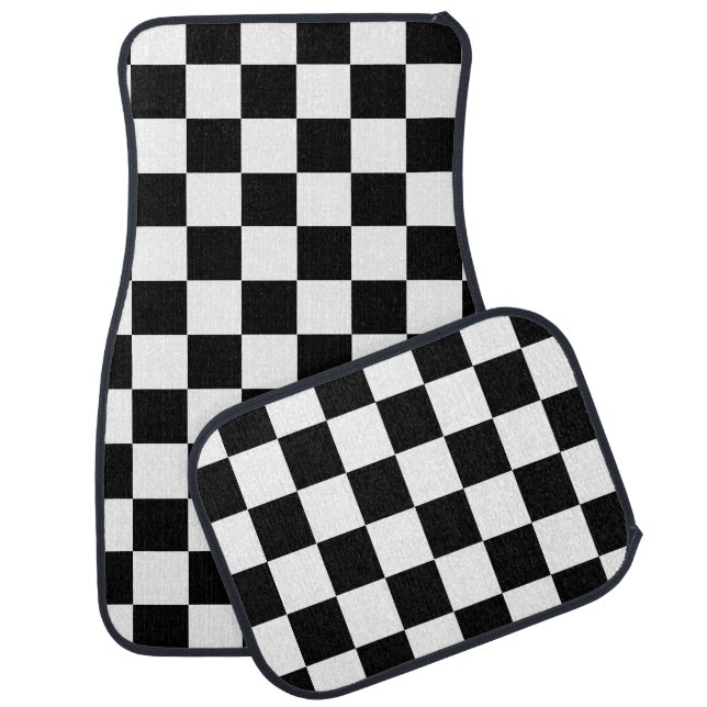 Black White Checkered Check Pattern Car Floor Mat (Set)