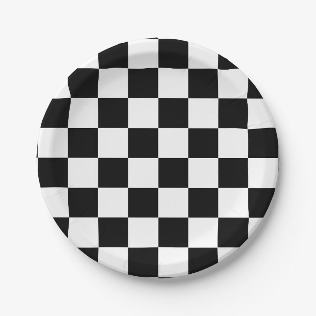 Black White Checkered Check Pattern Paper Plates (Front)
