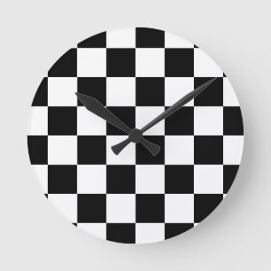 Black White Checkered Check Pattern Round Clock