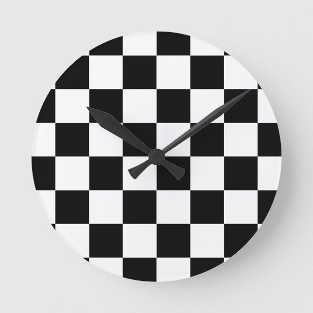Black White Checkered Check Pattern Round Clock (Front)
