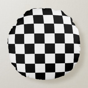 Black White Checkered Check Pattern Round Pillow