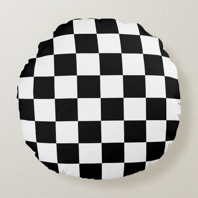 Black White Checkered Check Pattern Round Pillow (Front)