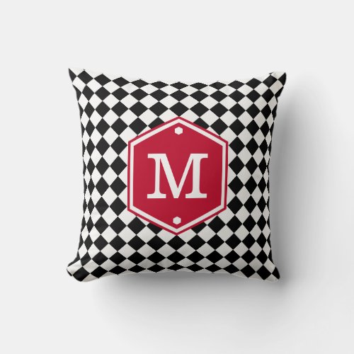 Black  White Checkered  Cherry Red Monogram Throw Pillow