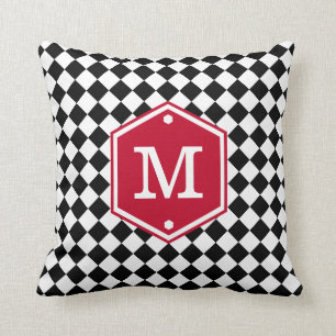 Black & White Checkered Cherry Red Monogram Throw Pillow