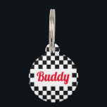 Black White Checkered Dog Puppy Cat Name Modern Pet ID Tag<br><div class="desc">Create your own custom, personalized, bold christmas red rustic vintage western script / typography custom name at front and back, and retro cool chic stylish geometric trendy black white checkered chequered checks checkers pattern background, , durable, 100% recycled steel, pet dog cat doggy puppy kitten kitty ID name tag. Simply...</div>