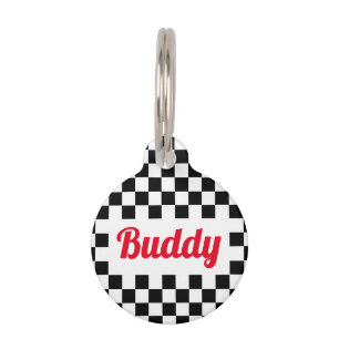Black White Checkered Dog Puppy Cat Name Modern Pet ID Tag