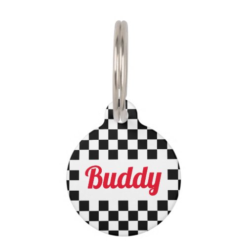 Black White Checkered Dog Puppy Cat Name Modern Pet ID Tag