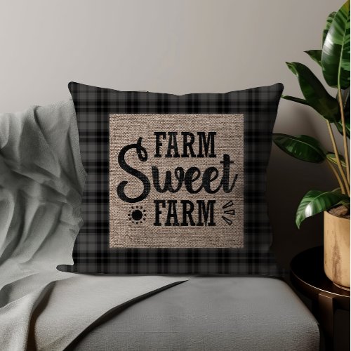 Black White Checkered Farm Sweet Farm Burlap Throw Pillow