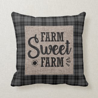 Black White Checkered Farm Sweet Farm Burlap Throw Pillow