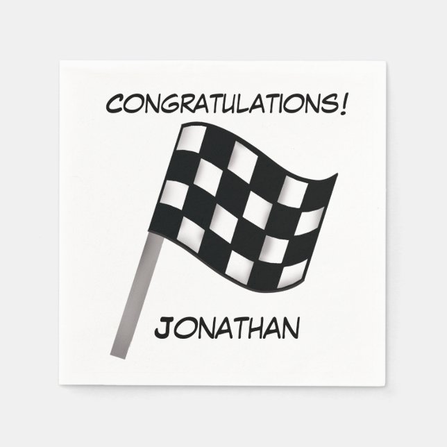 Black White Checkered Flag Congratulations Name Napkins (Front)