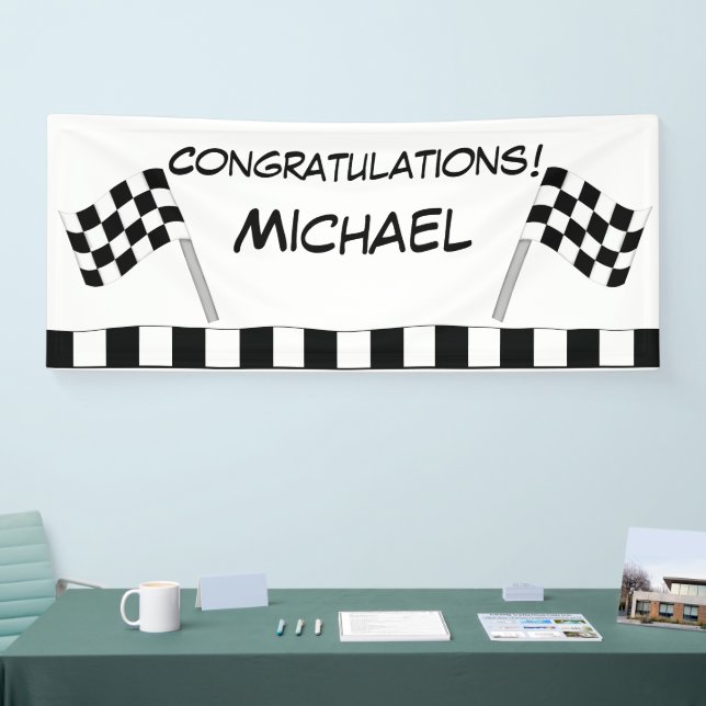 Black White Checkered Flag Race Congratulations Banner (Tradeshow)