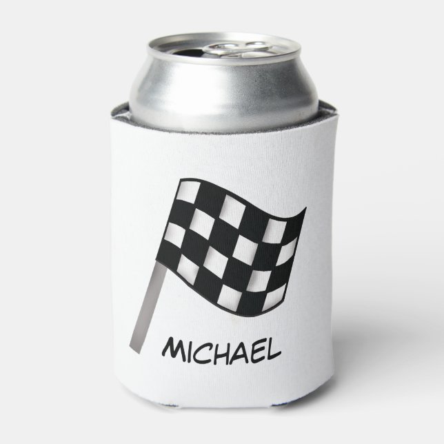 Black White Checkered Flag Race Name Personalized Can Cooler (Can Front)