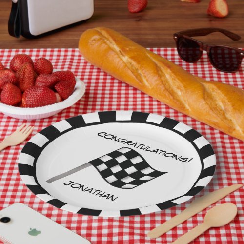 Black White Checkered Flag Race Name Personalized Paper Plates